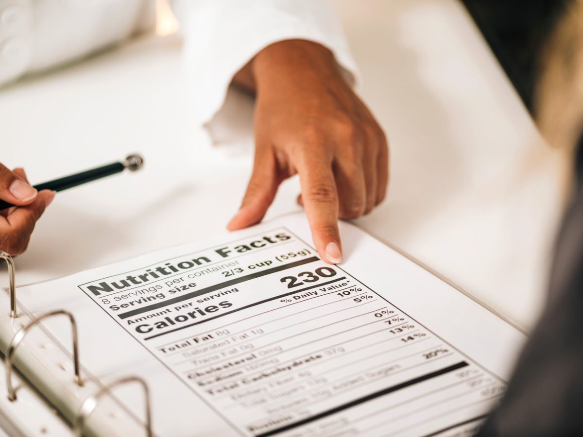 Hand pointing at the calories line of a Nutrition Facts panel